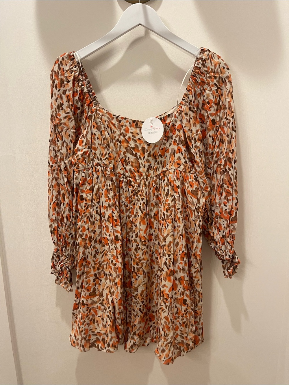 Printed Peasant  Dress in Cream and Rust Animal Print